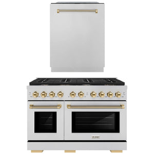 ZLINE Autograph Package - 48" Dual Fuel Range, Tall Tub Dishwasher in Stainless Steel with Polished Gold Helix Accents, 2KAP-DF48DW-G
