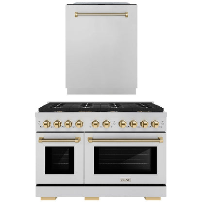 ZLINE Autograph Package - 48" Dual Fuel Range, Tall Tub Dishwasher in Stainless Steel with Polished Gold Helix Accents, 2KAP-DF48DW-G