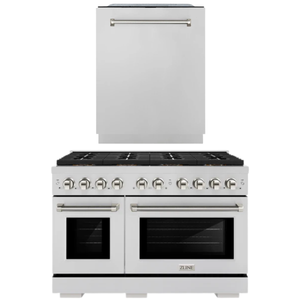 ZLINE Autograph Package - 48" Dual Fuel Range, Tall Tub Dishwasher in Stainless Steel with Polished Nickel Helix Accents, 2KAP-DF48DW-PN