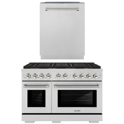 ZLINE Autograph Package - 48" Dual Fuel Range, Tall Tub Dishwasher in Stainless Steel with Polished Nickel Helix Accents, 2KAP-DF48DW-PN