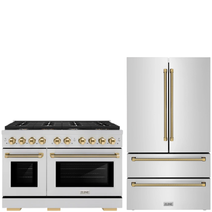 ZLINE Autograph Package - 48" Dual Fuel Range, 36" French Door Refrigerator in Stainless Steel with Polished Gold Helix Accents, 2KAP-DF48RF-G