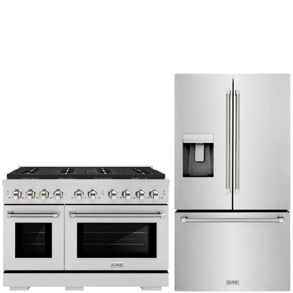 ZLINE Autograph Package - 48" Dual Fuel Range, 36" French Door Refrigerator in Stainless Steel with Polished Nickel Helix Accents, 2KAP-DF48RF-PN