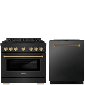 ZLINE Autograph Package - 36" Gas Range, 24" Tall Tub Dishwasher in Black with Champagne Bronze Helix Accents, 2KAP-GAS36DW-BS-CB