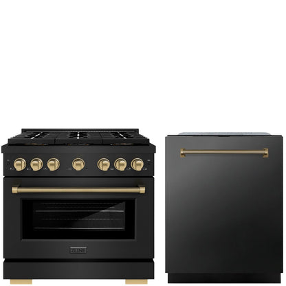 ZLINE Autograph Package - 36" Gas Range, 24" Tall Tub Dishwasher in Black with Champagne Bronze Helix Accents, 2KAP-GAS36DW-BS-CB