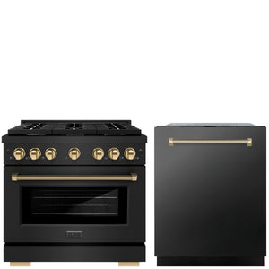 ZLINE Autograph Package - 36" Gas Range, 24" Tall Tub Dishwasher in Black with Polished Gold Helix Accents, 2KAP-GAS36DW-BS-G