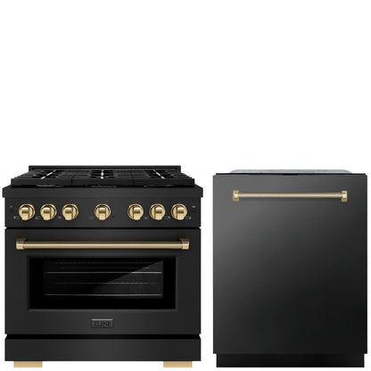 ZLINE Autograph Package - 36" Gas Range, 24" Tall Tub Dishwasher in Black with Polished Gold Helix Accents, 2KAP-GAS36DW-BS-G