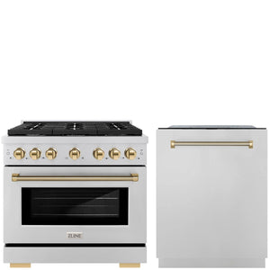 ZLINE Autograph Package - 36" Gas Range, Tall Tub Dishwasher in Stainless Steel with Polished Gold Helix Accents, 2KAP-GAS36DW-G