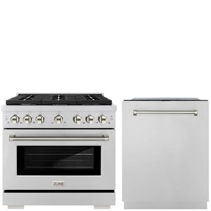 ZLINE Autograph Package - 36" Gas Range, Tall Tub Dishwasher in Stainless Steel with Polished Nickel Helix Accents, 2KAP-GAS36DW-PN