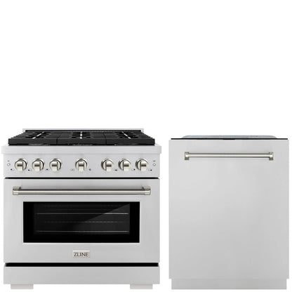 ZLINE Autograph Package - 36" Gas Range, Tall Tub Dishwasher in Stainless Steel with Polished Nickel Helix Accents, 2KAP-GAS36DW-PN