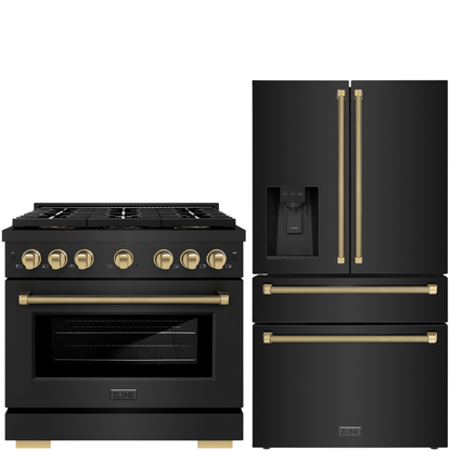 ZLINE Autograph Package - 36" Gas Range, 36" French Door Refrigerator in Black with Champagne Bronze Helix Accents, 2KAP-GAS36RF-BS-CB