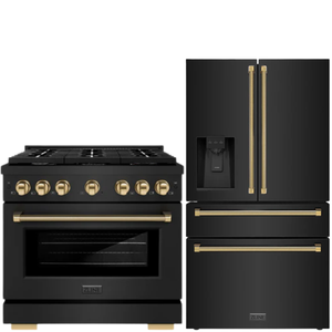 ZLINE Autograph Package - 36" Gas Range, 36" French Door Refrigerator in Black with Polished Gold Helix Accents, 2KAP-GAS36RF-BS-G