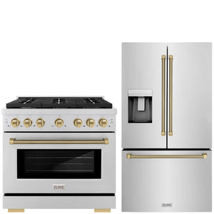 ZLINE Autograph Package - 36" Gas Range, 36" French Door Refrigerator in Stainless Steel with Champagne Bronze Helix Accents, 2KAP-GAS36RF-CB