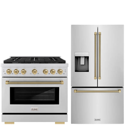 ZLINE Autograph Package - 36" Gas Range, 36" French Door Refrigerator in Stainless Steel with Champagne Bronze Helix Accents, 2KAP-GAS36RF-CB