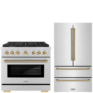 ZLINE Autograph Package - 36" Gas Range, 36" French Door Refrigerator in Stainless Steel with Polished Gold Helix Accents, 2KAP-GAS36RF-G