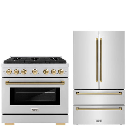 ZLINE Autograph Package - 36" Gas Range, 36" French Door Refrigerator in Stainless Steel with Polished Gold Helix Accents, 2KAP-GAS36RF-G