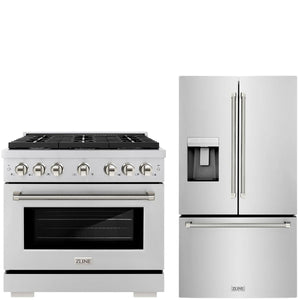 ZLINE Autograph Package - 36" Gas Range, 36" French Door Refrigerator in Stainless Steel with Polished Nickel Helix Accents, 2KAP-GAS36RF-PN