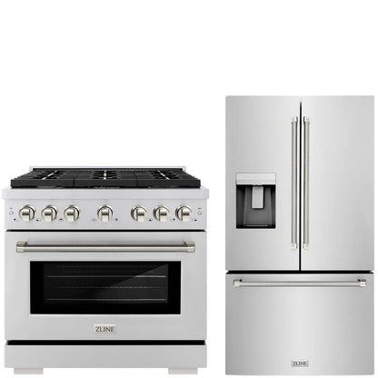 ZLINE Autograph Package - 36" Gas Range, 36" French Door Refrigerator in Stainless Steel with Polished Nickel Helix Accents, 2KAP-GAS36RF-PN