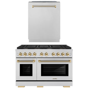 ZLINE Autograph Package - 48" Gas Range, Tall Tub Dishwasher in Stainless Steel with Polished Gold Helix Accents, 2KAP-GAS48DW-G