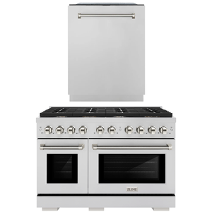ZLINE Autograph Package - 48" Gas Range, Tall Tub Dishwasher in Stainless Steel with Polished Nickel Helix Accents, 2KAP-GAS48DW-PN