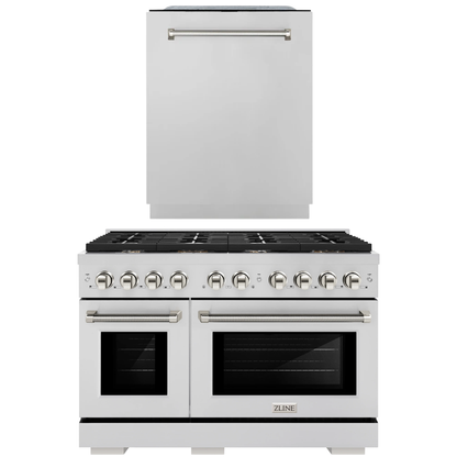 ZLINE Autograph Package - 48" Gas Range, Tall Tub Dishwasher in Stainless Steel with Polished Nickel Helix Accents, 2KAP-GAS48DW-PN
