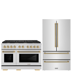 ZLINE Autograph Package - 48" Gas Range, 36" French Door Refrigerator in Stainless Steel with Polished Gold Helix Accents, 2KAP-GAS48RF-G
