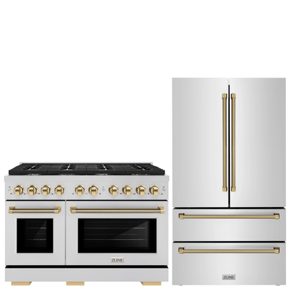 ZLINE Autograph Package - 48" Gas Range, 36" French Door Refrigerator in Stainless Steel with Polished Gold Helix Accents, 2KAP-GAS48RF-G
