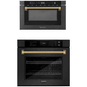 ZLINE Autograph Package - 30" Wall Oven, Microwave Drawer in Black with Polished Gold Helix Accents, 2KAP-WOM-BS-G