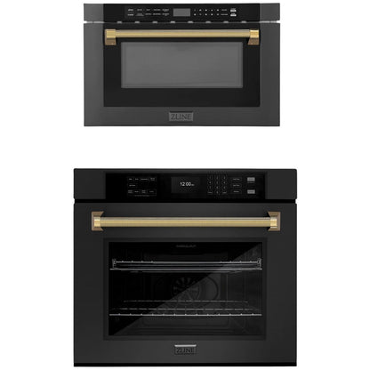 ZLINE Autograph Package - 30" Wall Oven, Microwave Drawer in Black with Polished Gold Helix Accents, 2KAP-WOM-BS-G