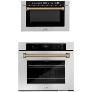 ZLINE Autograph Package - 30" Wall Oven, Microwave Drawer in Stainless Steel with Polished Gold Helix Accents, 2KAP-WOM-SS-G