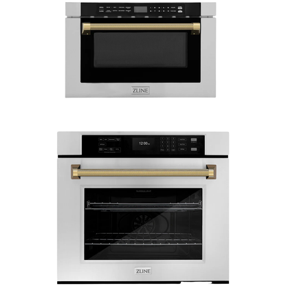 ZLINE Autograph Package - 30" Wall Oven, Microwave Drawer in Stainless Steel with Polished Gold Helix Accents, 2KAP-WOM-SS-G
