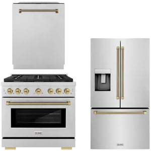 ZLINE Autograph Package - 36" Dual Fuel Range, 36" French Door Refrigerator, Tall Tub Dishwasher in Stainless Steel with Champagne Bronze Helix Accents, 3KAP-DF36RFDW-CB