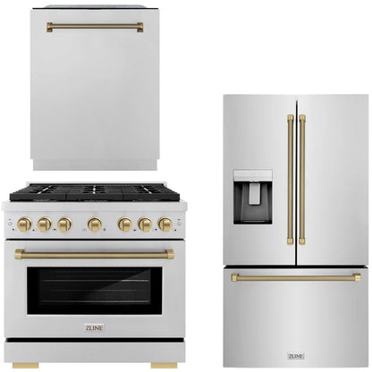 ZLINE Autograph Package - 36" Dual Fuel Range, 36" French Door Refrigerator, Tall Tub Dishwasher in Stainless Steel with Champagne Bronze Helix Accents, 3KAP-DF36RFDW-CB