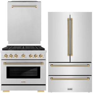 ZLINE Autograph Package - 36" Dual Fuel Range, 36" French Door Refrigerator, Tall Tub Dishwasher in Stainless Steel with Polished Gold Helix Accents, 3KAP-DF36RFDW-G