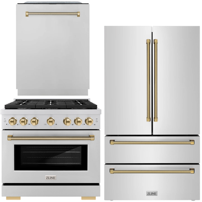 ZLINE Autograph Package - 36" Dual Fuel Range, 36" French Door Refrigerator, Tall Tub Dishwasher in Stainless Steel with Polished Gold Helix Accents, 3KAP-DF36RFDW-G