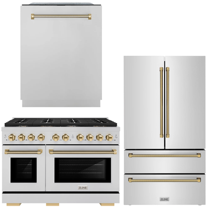 ZLINE Autograph Package - 48" Dual Fuel Range, 36" French Door Refrigerator, Tall Tub Dishwasher in Stainless Steel with Polished Gold Helix Accents, 3KAP-DF48RFDW-G