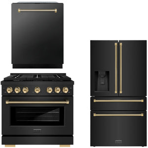 ZLINE Autograph Package - 36" Gas Range, 36" French Door Refrigerator, 24" Tall Tub Dishwasher in Black with Polished Gold Helix Accents, 3KAP-GAS36RFDW-BS-G