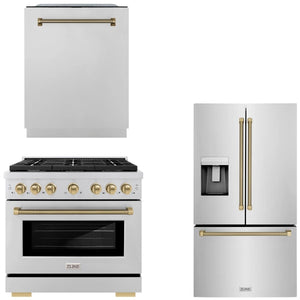 ZLINE Autograph Package - 36" Gas Range, 36" French Door Refrigerator, Tall Tub Dishwasher in Stainless Steel with Champagne Bronze Helix Accents, 3KAP-GAS36RFDW-CB