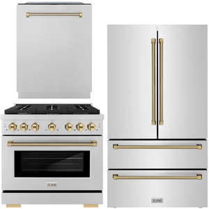 ZLINE Autograph Package - 36" Gas Range, 36" French Door Refrigerator, Tall Tub Dishwasher in Stainless Steel with Polished Gold Helix Accents, 3KAP-GAS36RFDW-G