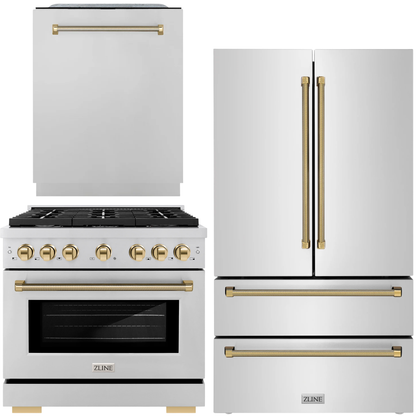 ZLINE Autograph Package - 36" Gas Range, 36" French Door Refrigerator, Tall Tub Dishwasher in Stainless Steel with Polished Gold Helix Accents, 3KAP-GAS36RFDW-G