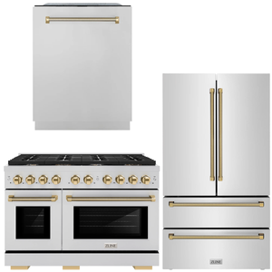 ZLINE Autograph Package - 48" Gas Range, 36" French Door Refrigerator, Tall Tub Dishwasher in Stainless Steel with Polished Gold Helix Accents, 3KAP-GAS48RFDW-G