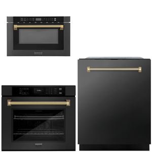 ZLINE Autograph Package - 30" Wall Oven, Microwave Drawer, 24" Tall Tub Dishwasher in Black with Polished Gold Helix Accents, 3KAP-WOMDW-BS-G