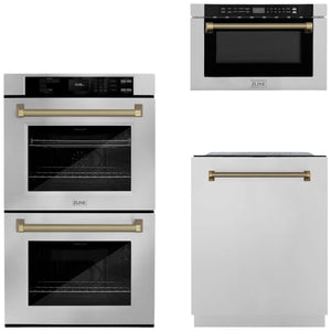 ZLINE Autograph Package - 30" Wall Oven, Microwave Drawer, Tall Tub Dishwasher in Stainless Steel with Champagne Bronze Helix Accents, 3KAP-WOMDW-SS-CB