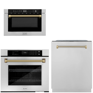 ZLINE Autograph Package - 30" Wall Oven, Microwave Drawer, Tall Tub Dishwasher in Stainless Steel with Polished Gold Helix Accents, 3KAP-WOMDW-SS-G