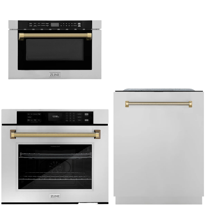 ZLINE Autograph Package - 30" Wall Oven, Microwave Drawer, Tall Tub Dishwasher in Stainless Steel with Polished Gold Helix Accents, 3KAP-WOMDW-SS-G