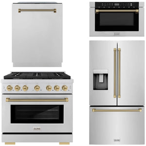 ZLINE Autograph Package - 36" Dual Fuel Range, 36" French Door Refrigerator, Tall Tub Dishwasher, Microwave Drawer in Stainless Steel with Champagne Bronze Helix Accents, 4KAP-DF36RFDWM-CB