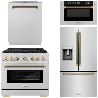 ZLINE Autograph Package - 36" Dual Fuel Range, 36" French Door Refrigerator, Tall Tub Dishwasher, Microwave Drawer in Stainless Steel with Champagne Bronze Helix Accents, 4KAP-DF36RFDWM-CB