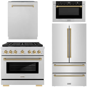 ZLINE Autograph Package - 36" Dual Fuel Range, 36" French Door Refrigerator, Tall Tub Dishwasher, Microwave Drawer in Stainless Steel with Polished Gold Helix Accents, 4KAP-DF36RFDWM-G
