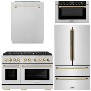 ZLINE Autograph Package - 48" Dual Fuel Range, 36" French Door Refrigerator, Tall Tub Dishwasher, Microwave Drawer in Stainless Steel with Polished Gold Helix Accents, 4KAP-DF48RFDWM-G
