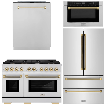 ZLINE Autograph Package - 48" Dual Fuel Range, 36" French Door Refrigerator, Tall Tub Dishwasher, Microwave Drawer in Stainless Steel with Polished Gold Helix Accents, 4KAP-DF48RFDWM-G