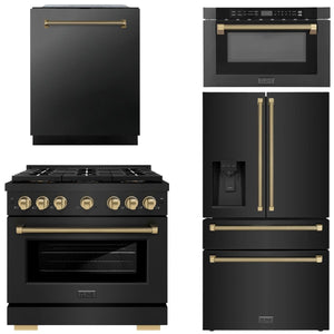 ZLINE Autograph Package - 36" Gas Range, 36" French Door Refrigerator, 24" Tall Tub Dishwasher, Microwave Drawer in Black with Champagne Bronze Helix Accents, 4KAP-GAS36RFDWM-BS-CB